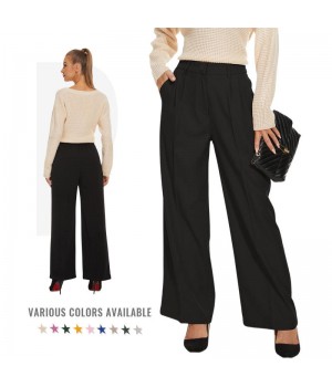 Custom Women Wide Leg Pants High Stretch Business Work Pants Long Straight High Waist Front Pleated Loose Fit Suit Pants