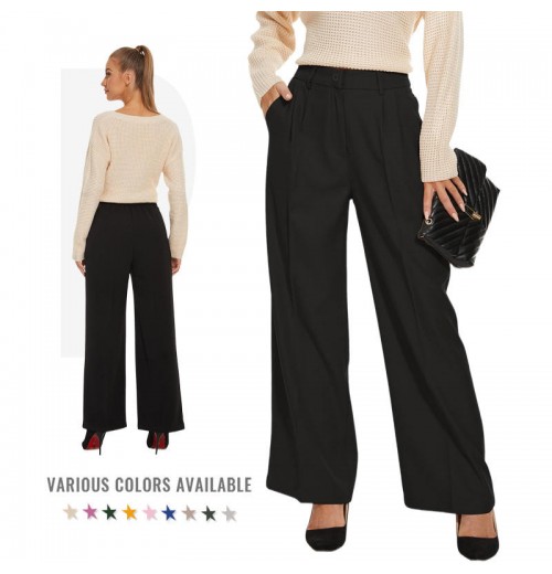 Custom Women Wide Leg Pants High Stretch Business Work Pants Long Straight High Waist Front Pleated Loose Fit Suit Pants