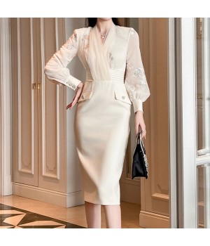 ZYHT 51135 New Collection of Women XL Dresses Chic High Waist Sequin Formal Office Pencil Long Sleeve Dresses Lady Elegant