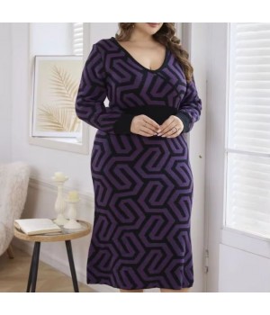 Long-Sleeved Geometric Print Shirt Hot Sales Euro-American Style Casual Maxi Vintage Women's knit dress