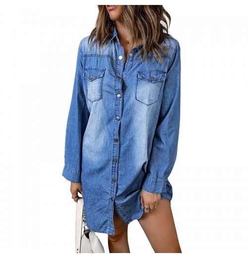 Spring Street Wear Pocket Long Sleeve Turn-down Collar Simple Jeans Women Casual Denim Jeans Dresses