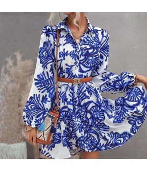 Hot Sell Custom Elegant Women's Mini Dress Long Sleeves Shirt Collar Ruffles Pleated Floral Pattern Color Women's Dress