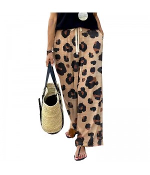 Hot selling Womens Leopard Trousers Pants Drawstring High Waist Wide Leg Ladies Casual Loose Pants For Women