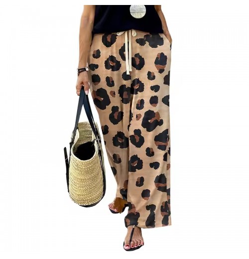 Hot selling Womens Leopard Trousers Pants Drawstring High Waist Wide Leg Ladies Casual Loose Pants For Women