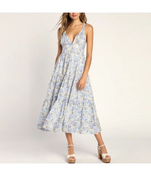 Wholesale women's summer dresses Light Blue Floral Tiered Print Midi Dress sexy casual party dress women