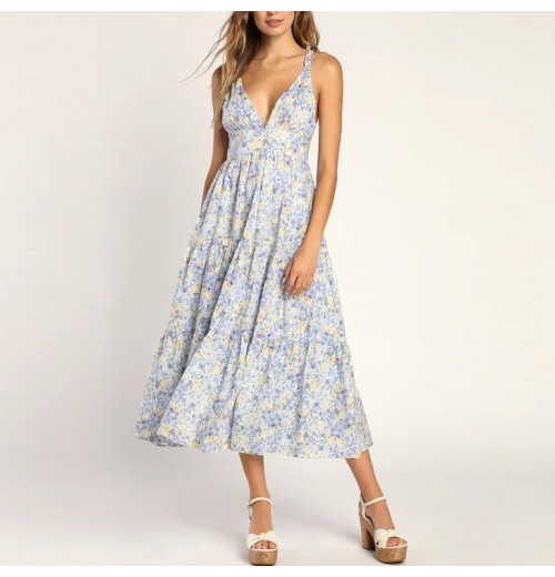 Wholesale women's summer dresses Light Blue Floral Tiered Print Midi Dress sexy casual party dress women