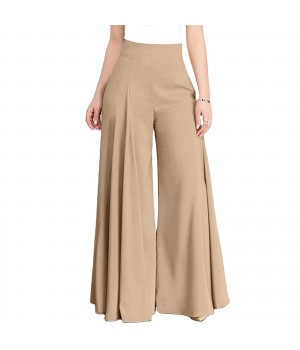 Ladies' Straight Fit Elastic Waist Wide Leg Office Pants for Women