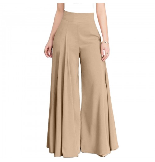 Ladies' Straight Fit Elastic Waist Wide Leg Office Pants for Women