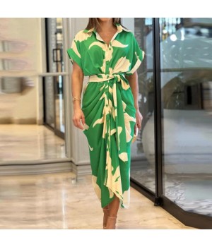 dresses women lady elegant women's printed short-sleeved dress Fashion Women's Casual Shirt Dress High-Waisted Knee-Length