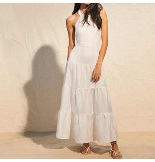 Wholesale casual dress by clothing manufacturers White round neck sleeveless layered hem Summer cotton linen dresses