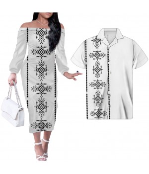 2023 Cosy dress Couple Polynesian Clothing Womens Evening White Dress With Hibiscus Print women's fall dress