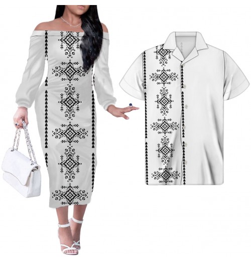 2023 Cosy dress Couple Polynesian Clothing Womens Evening White Dress With Hibiscus Print women's fall dress