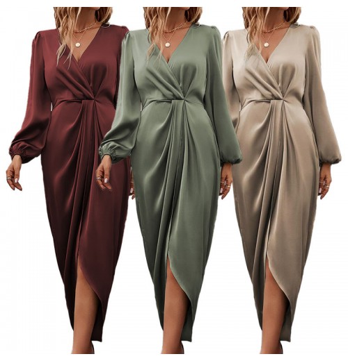 Plus Size Women's Clothing Long Lantern Sleeve Office Work Satin Dress Crossneck Pleated Split Evening Dresses