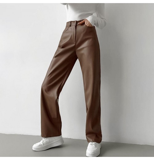 Autumn Winter New Haute Couture Women'S Pants Trousers Casual Streetwear Brown Straight Leg Leather Pants