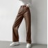 Autumn Winter New Haute Couture Women'S Pants Trousers Casual Streetwear Brown Straight Leg Leather Pants