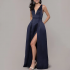 Wholesale Custom Women's Sleeveless Navy Blue V Neck Side Slit Long Formal Satin Maxi Dress