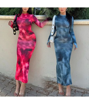 dropshipping products women's clothing ladies nightclub dresses new tie dye long sleeve slim fit babes maxi women casual dress