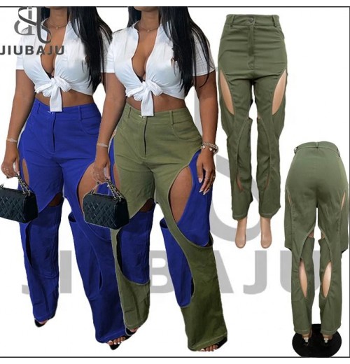 2023 Latest Hollow Out Design Women's Pant Trousers Fashion High Waist Wide Leg Casual Pants Loose Women