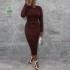 Women's Pleated Midi Dress Casual Clothing Solid Color Round Neck Long Sleeve Slim Lady Elegant Dresses Women