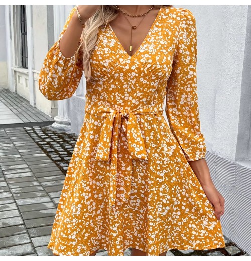 New Summer Floral Printed women's Dresses And V Neck Mini Dress With Ladies Belts For Dress