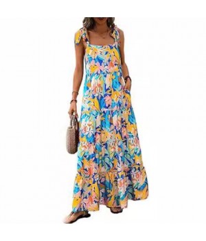 2024 Women's Clothing Spaghetti Strap Sleeveless Printed Pocket Side Zipper Layered Dress