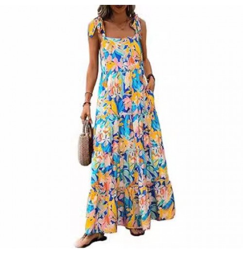 2024 Women's Clothing Spaghetti Strap Sleeveless Printed Pocket Side Zipper Layered Dress