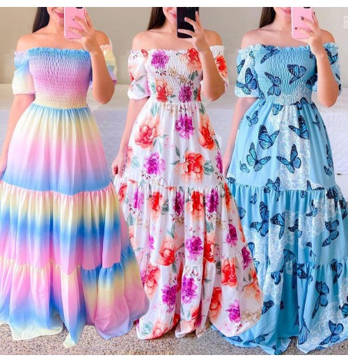 Fashion Ladies Long Summer One-shoulder Floral Dress Women Clothing Casual Dresses Women's Maxi Dresses