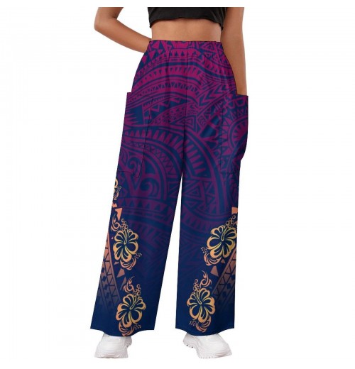 New Polynesian-Inspired Women's Plus Size Wide Leg Cargo Trousers with Pocket