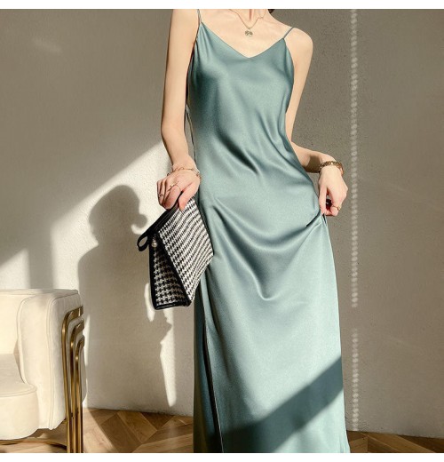 Women's Clothing Retro camisole dress Women's summer mid length satin Dress Womens Casual Dresses