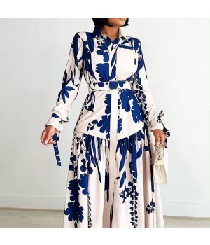 New women's clothing 2024 Light Mature Style Drape Shirt Dress With Belt Printed Shirt Dress