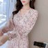 MOTE-AC208 Wholesale Spring Dress Long Sleeve High Waist Korean V-Neck Sweet Skirt Floral Chiffon Dress for Women and Girls