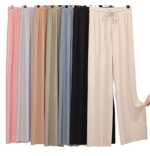 2023 Spring and Summer Women's High Waist Long Ice Silk Solid Ninth Pants Straight Wide Leg Trousers Ladies Casual Loose Pants