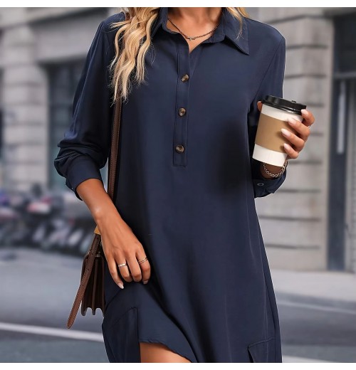 Custom fall 2024 women clothes casual long sleeved mini dress with button up collar and ladies wear wholesale casual dresses