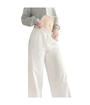 Ladies Floor Length Trousers Women Loose Wide Leg Drawstring Long Pants with Side Pockets Casual Wear