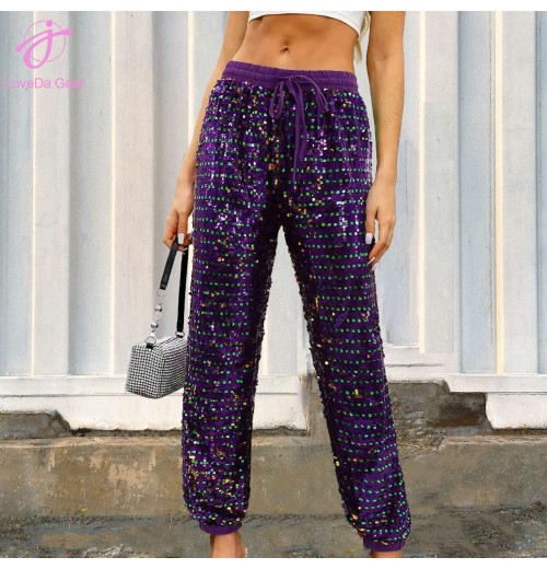 Loveda Custom Pearlescent Sequined Casual Waist Drawstring Loose Straight Pants