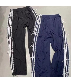 Bomblook Z1029PT01 2024 Striped Lace Bow Cargo Casual Pants Loose Sporty Trousers Slim Fashion Sweatpants for Women