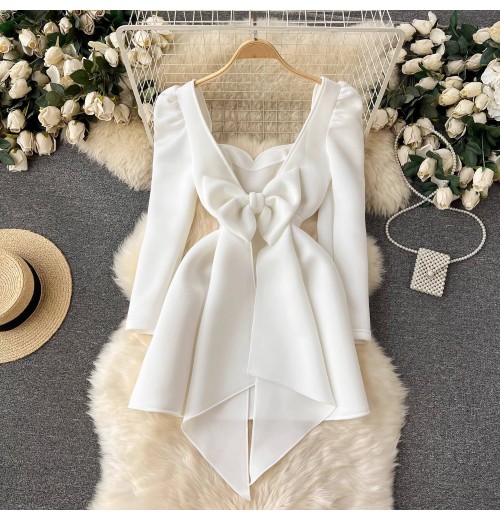 YY2128 fashion women's clothing 2024 spring long sleeve low cut elegant ladies casual white dress