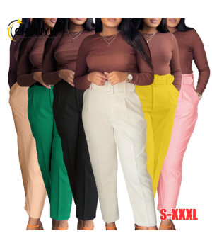 Women's Casual Slim Fit Solid Wide Leg Straight Pants Ankle Length High Waisted Elegant Pleated Trousers With Belt