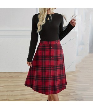 Wholesale Dresses Women Lady Elegant Casual Office Lady Clothing Spring And Autumn Casual Dress Red Plaid High Waist Skirt