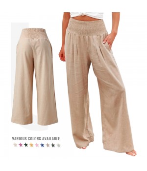 Women's Casual Pants Solid Colour Elastic wide-leg Linen High Waist With Pockets Comfortable Beach Holiday Pants