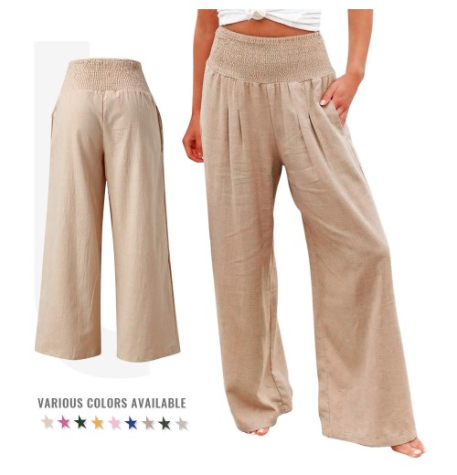 Women's Casual Pants Solid Colour Elastic wide-leg Linen High Waist With Pockets Comfortable Beach Holiday Pants