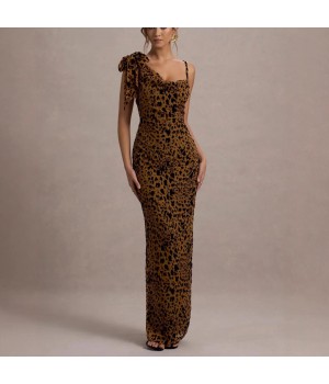 Women's Vintage Sexy Floral Leopard Print Maxi Dress XS Size Crawl Neck Backless Evening Dress with High Slit for Summer