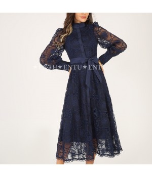 Elegant Fashion Lace Evening Party Dress Women Single Breasted Placket Sleeved Casual Career Dresses With Belt