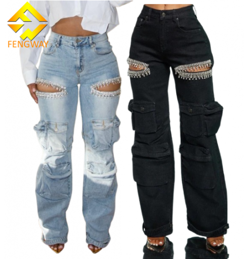 2024 New arrival Women Cargo Pants Women Fashion Mid-rise Jeans Straight Baggy Multi-pocket Hollow out Rhinestones Trousers