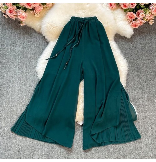 Cotton High-Waisted Loose Fit Chiffon Maxi Pants with Thin Stripes