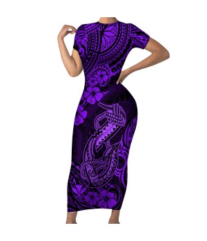 Custom Clothing Women's Hibiscus Flower and Hook Print Purple Hawaii Dresses Causal