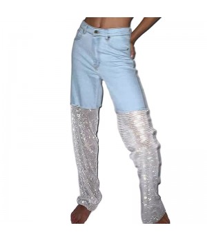 Hot Rhinestone Design Patchwork Jeans New Streetwear Rhinestone Hollow Mesh Women's Pants Trousers