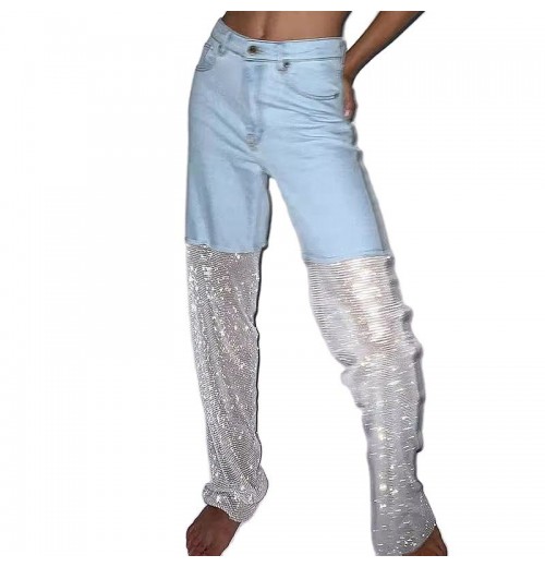 Hot Rhinestone Design Patchwork Jeans New Streetwear Rhinestone Hollow Mesh Women's Pants Trousers