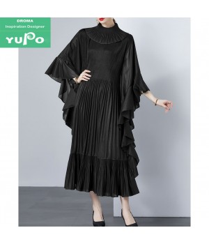 Droma 2024 fashion elegant bat long sleeve ruffle hem solid color women's clothing plus size dresses