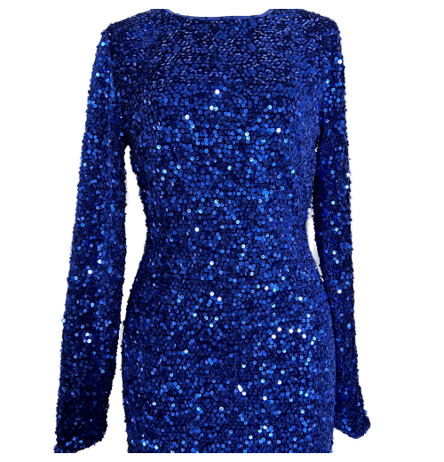 Stunning Sapphire Crewneck Velvet Dress Sequined Embellishments Full Open Back Bodycon Mini Style